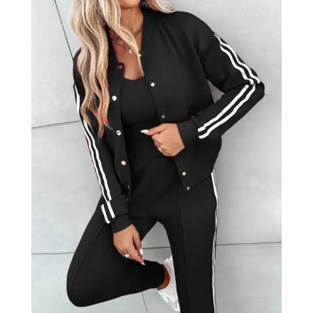 Striped Tape Patch Snap Button Baseball Jacket