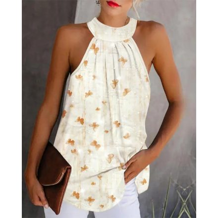 Butterfly Print Contrast Sequin Mock Neck Sleeveless Tank Casual Top