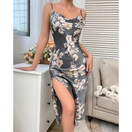 Floral Print Cowl Neck Spaghetti Strap Satin Nightgown Lingerie Sexy Backless Slit Sleep Dress