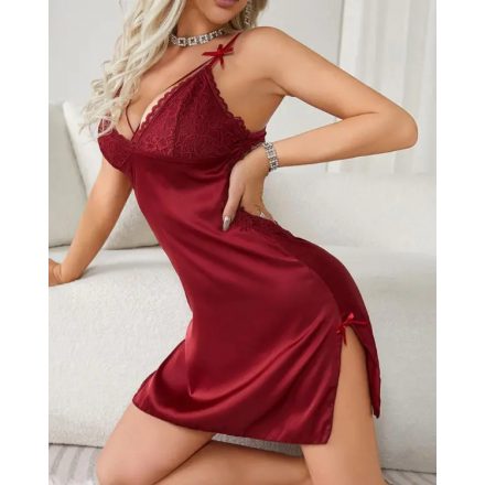 Contrast Lace V-Neck Spaghetti Strap Satin Nightgown Lingerie Sexy Slit Sleep Dress