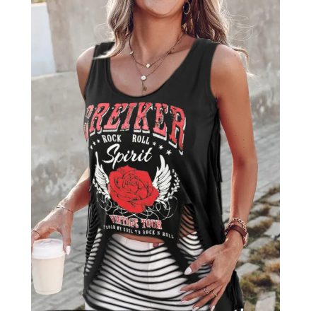 Floral Letter Print Ladder Cutout Tank Top