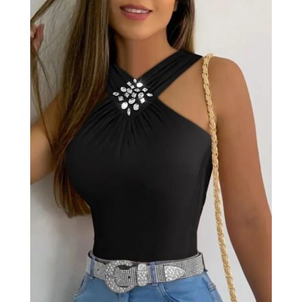 Rhinestone Halter Sleeveless Slim Fit Tank Ruched Casual Top