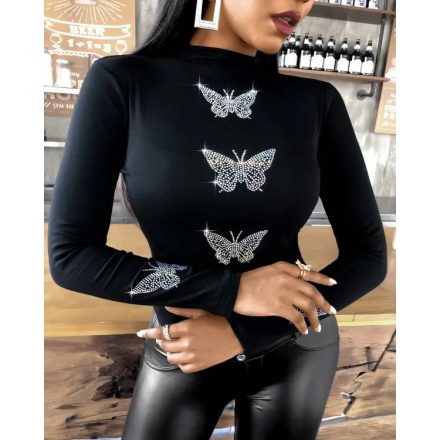 Rhinestone Butterfly Pattern Long Sleeve Top