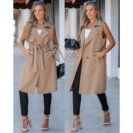 Sleeveless Trench Coats Rhinestone Decor Lapel Casual Long Trendy Double Breasted Coat with Pockets