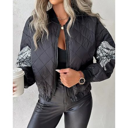 Shinny Sequin Wings Pattern Puffer Jacket Winter Zip Up Warm Quilted Coats