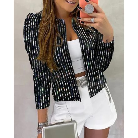 Holographic Metallic Silver Striped Open Front Long Sleeve Coat