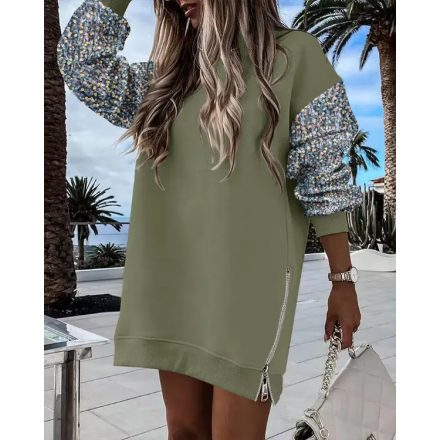 Christmas Glass Pattern Sequin Patchwork Crewneck Pullover Top Zipper Slit Sweatshirt Dress