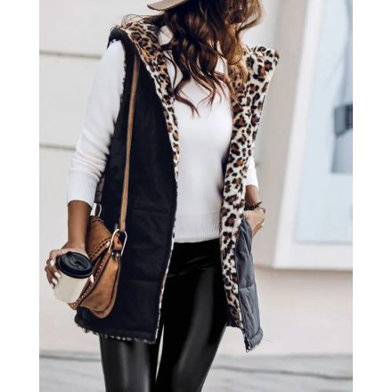 Reversible Leopard Pattern Vests Sleeveless Fleece Lined Jacket Zip Up Hoodie Pockets Long Warm Winter Coat