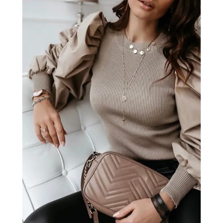 Crewneck Ruched Puff Lantern Sleeve Ribbed Blouse Pullover Top