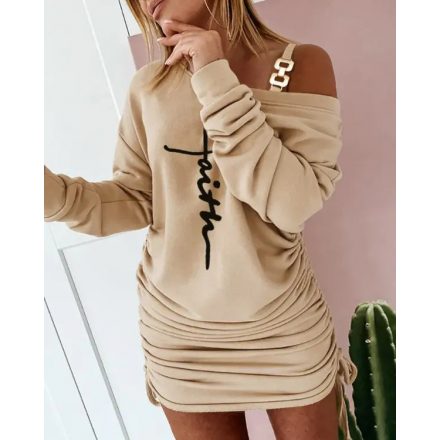 Letter Print Cold Shoulder Drawstring Long Sleeve Dress