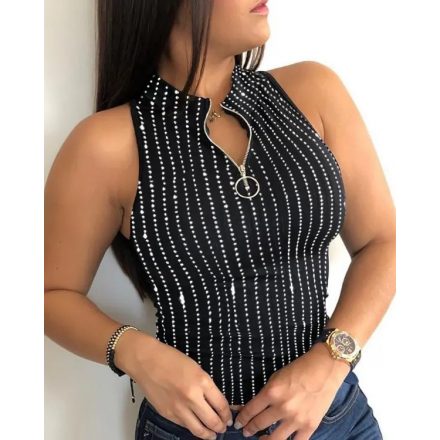 Rhinestone O-Neck Sleeveless Tank Zipper Thick Strap Mental Waist Casual Slim Fit Top