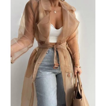 Sheer Mesh Long Sleeve Transparent Jacket Coat Buttoned Longline Trench Coat with Belt