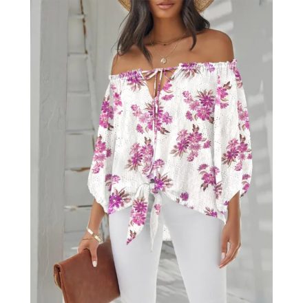 Floral Print Off Shoulder Eyelet Embroidery Blouse Three Quarter Sleeve Tied Detail Top