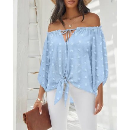 Jacquard Polka Dot Off the Shoulder Long Sleeve Top Casual Tied Detail Tied Detail Blouse