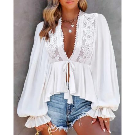 Plunge Lantern Sleeve Lace Patch Tied Detail Top