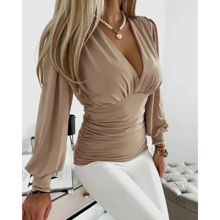 Plunge Neck Lantern Sleeve Ruched Long Sleeve Blouse Top