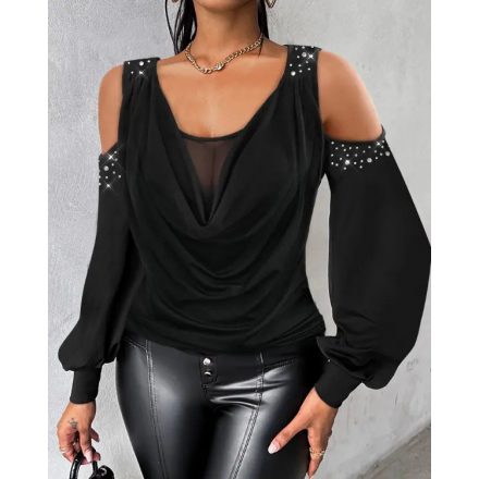 Rhinestone Cold Shoulder Sheer Mesh Patch Top