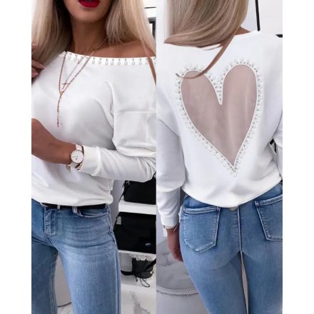 Heart Pattern Sheer Mesh Round Neck Long Sleeve Beaded Sheer Mesh Tee Casual Top