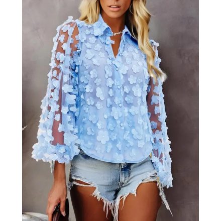 Floral Pattern Sheer Mesh Lantern Sleeve Top