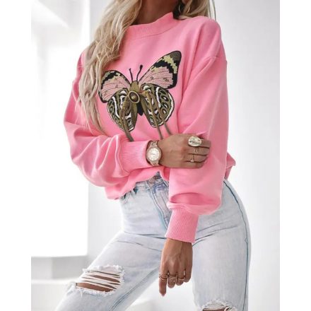 Butterfly Pattern Fleece Lined Sweatshirt Long Sleeve Crewneck Casual Loose Vintage Pullover Tops