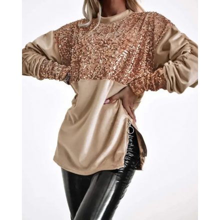 Velvet Mock Neck Sequin Patch Sweattshirt Ruched Long Sleeve Side Zipper Design Pullover Top