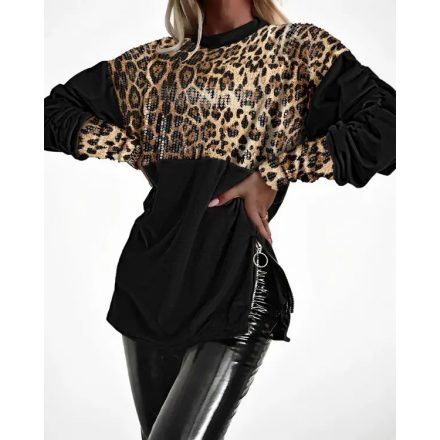 Velvet Contrast Leopard Sequin Patch Crewneck Sweatshirt Ruched Long Sleeve Zipper Slit Pullover Top