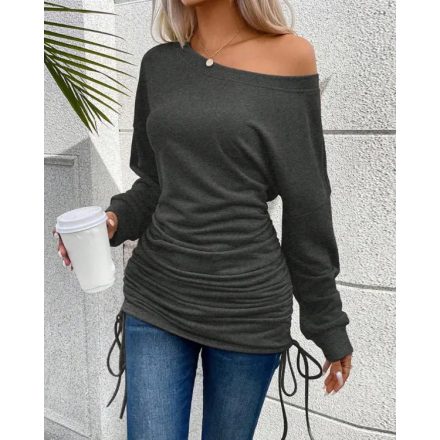 Skew Neck Long Sleeve Side Drawstring Top