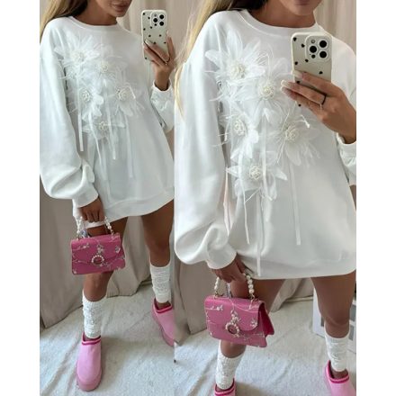 Mesh Floral Pattern Beaded Sweatshirt Drop Shoulder Pullover Casual Dress