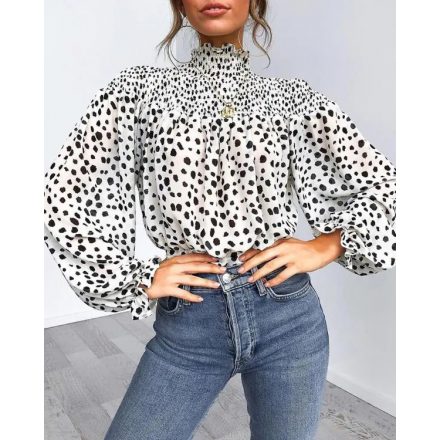 Leopard Print High Neck Lantern Long Sleeve Tied Detail Blouse Loose Casual Tops