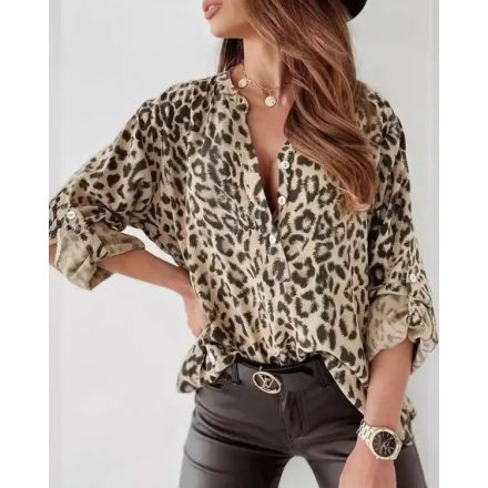 Leopard Print Stand Collar Roll Tab Sleeve Blouses Oversized Casual Shirt