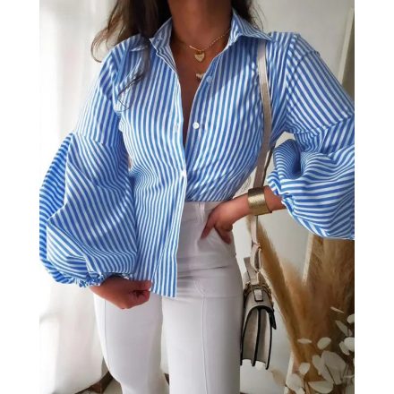 Striped Print Turn-Down Collar Lantern Sleeve Slim Fit Blouse Front Button Casual Top