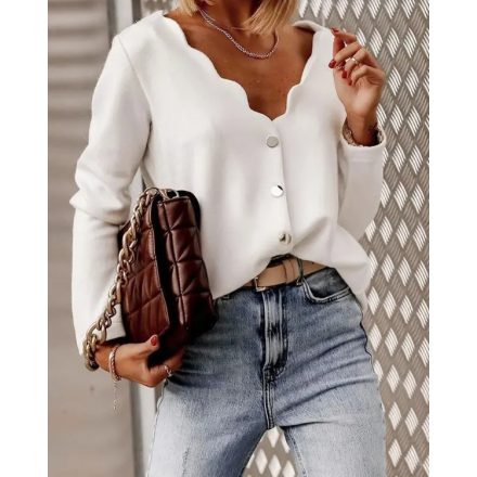 V-Neck Long Sleeve Front Button Cardigan Scallop Design Casual Top