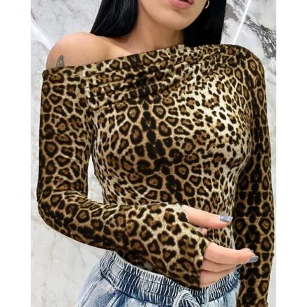 Leopard Print Cold Shoulder Slim Fit Long Sleeve Tee Casual Top