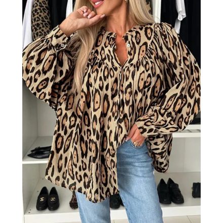 Leopard Print Round Neck Long Sleeve Front Button Blouse Casual Top