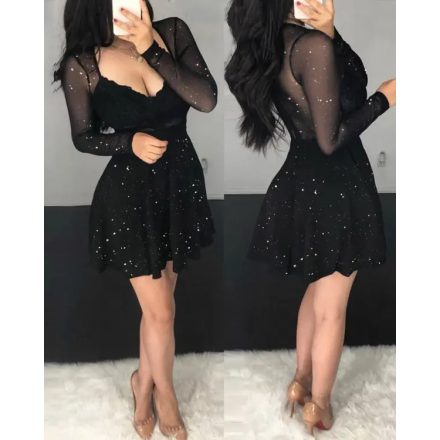 Glitter Sheer Mesh See Through Contrast Lace Long Sleeve Mini Dress Deep V Neck A Line Dresses