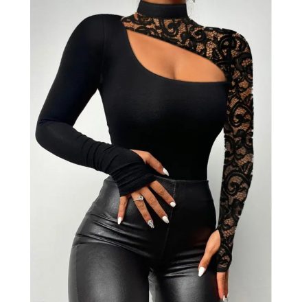 Rhinestone Bandeau Sheer Mesh Slim Fit Long Sleeve Tee Sexy Top