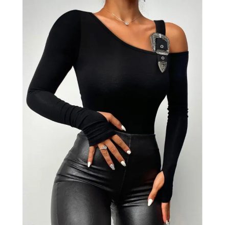 Long Sleeve Slim Fit Tops Casual Cold Shoulder Buckled Blouse Shirts