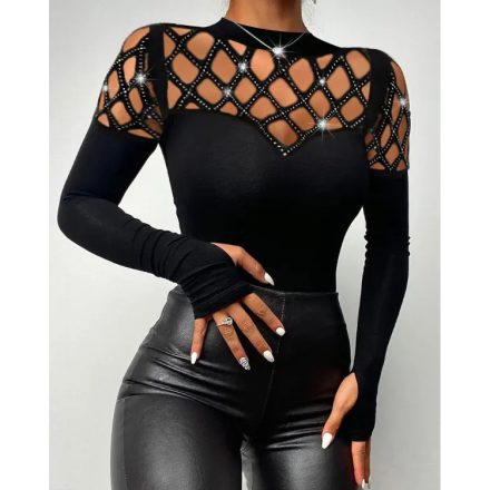 Rhinestone Hollow Out Cold Shoulder Long Sleeve Top Casual Tee