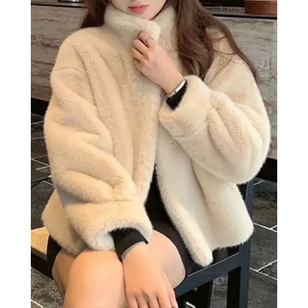 Womens High Neck Open Front Long Sleeve Faux Fur Crop Coat Soft Winter Warm Jacket Outerwear