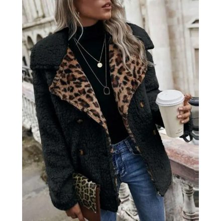 Contrast Leopard Pattern Teddy Coat Double Breasted Fleece Thermal Jacket