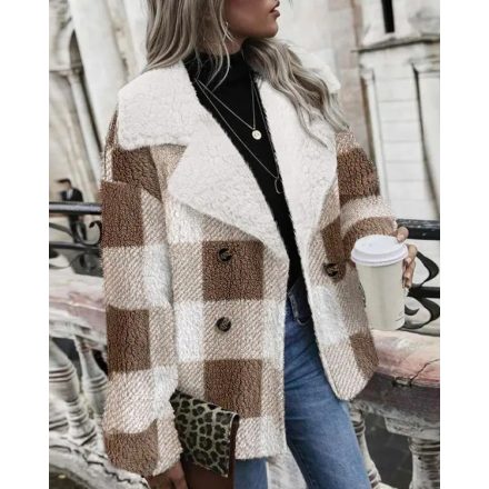 Plaid Print Double Breasted Teddy Coat