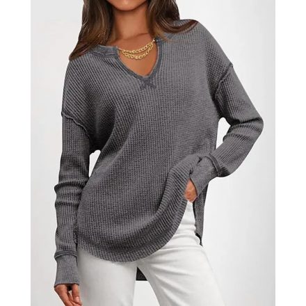 Waffle Knit Notch Neck Long Sleeve Top Slit Casual Pullover Tee with Detachable Chain