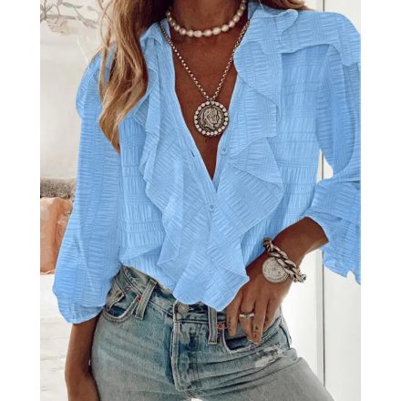 V-Neck Eyelash Lace Patch Ruffles Button Down Blouse Top