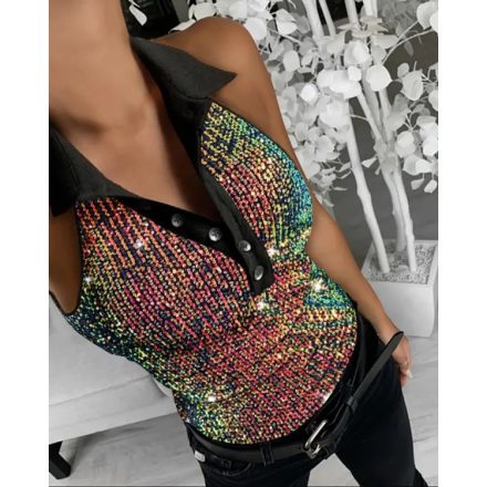 Contrast Sequin Turn-down Collar Sleeveless Tank Button Design Casual Slim Fit Top