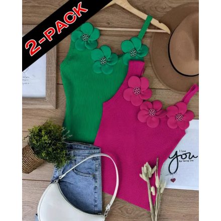 2 Pack Solid 3D Flower Tank Top Asymmetrical Neck Sleeveless Casual Ribbed Knit Camisole