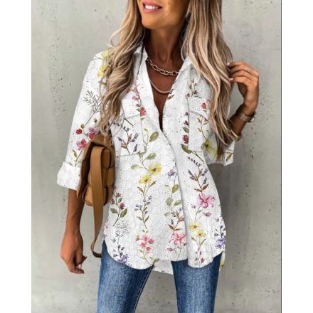 Floral Pattern Long Sleeve Shirt Eyelet Embroidery Pocket Design Blouse Top