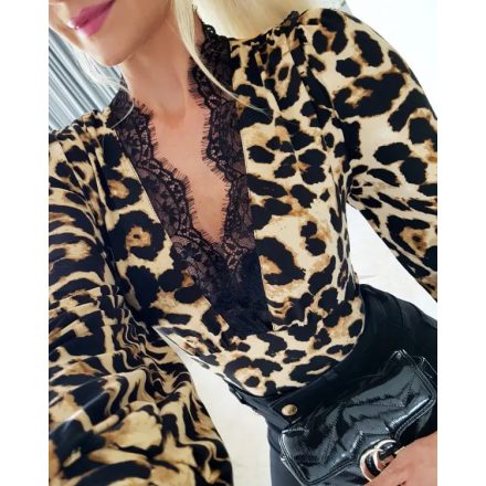 Leopard Print Contrast Lace Slim Fit Top Long Sleeve Plunge Blouse