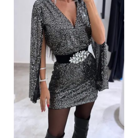 Elegant Rhinestone Belt Allover Sequin Bodycon Dress V-Neck Cape Sleeve Party Club Dress