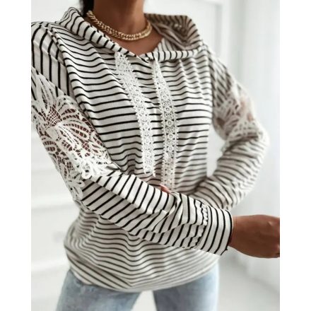 Striped Contrast Floral Lace Patch Hoodie Pullover Long Sleeve Casual Sweatshirt