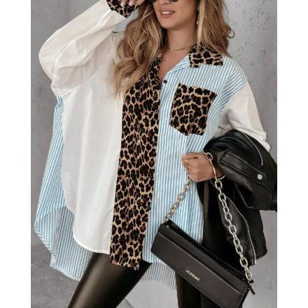 Leopard Print Striped Dip Hem Loose Fit Casual Blouse Button Front Shirt